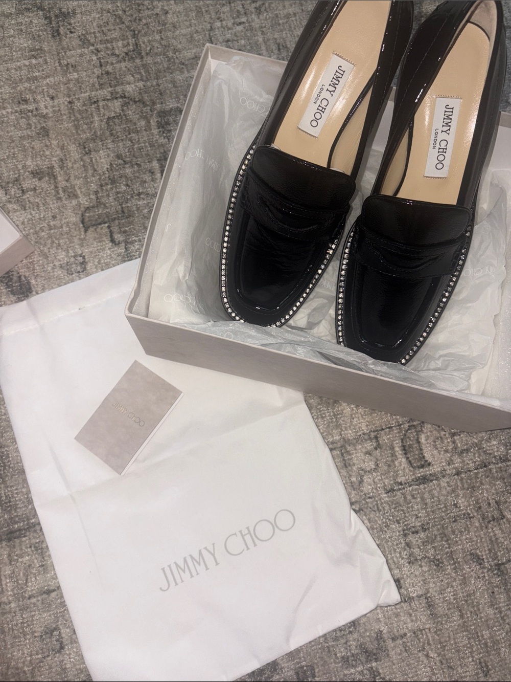 Jimmy Choo Black Patent Leather Loafers with Crystal-Trim - Picture 8 of 8